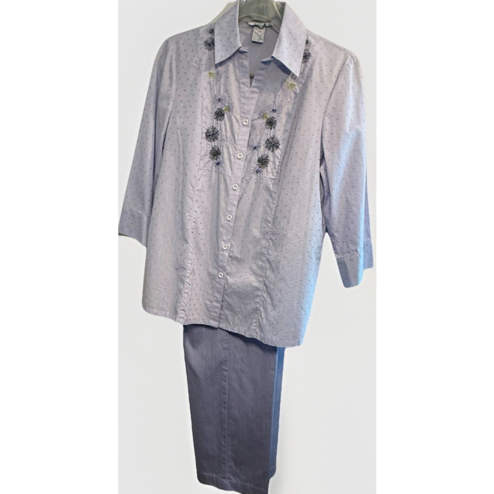 KORET City Blues Embroidered 2pc Shirt/Elastic Pants sz 10 Petite Coastal Casual